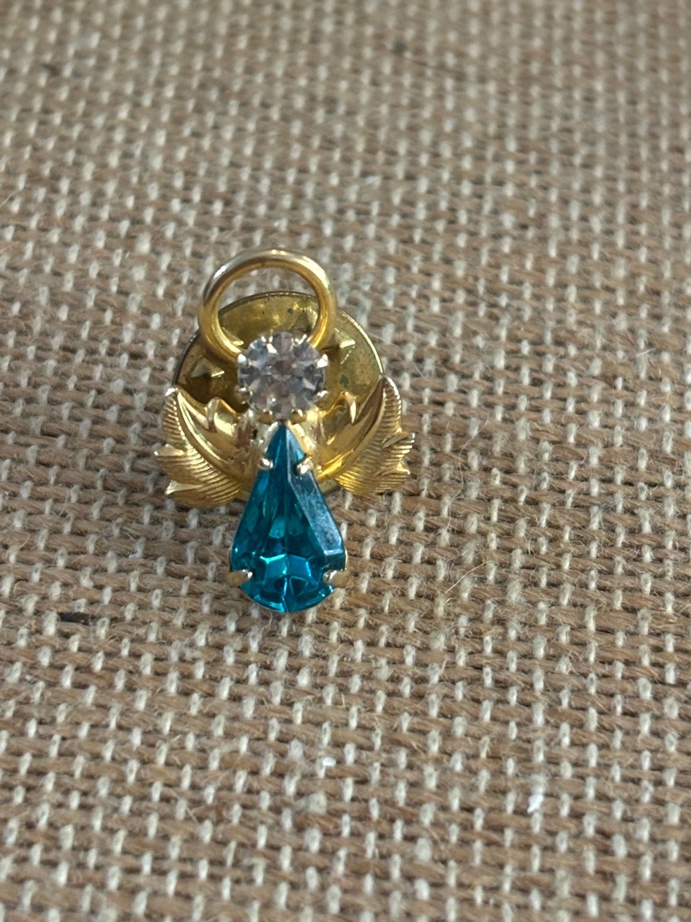 Guardian Gold Angel Lapel Pin Aqua Crystal Teardrop